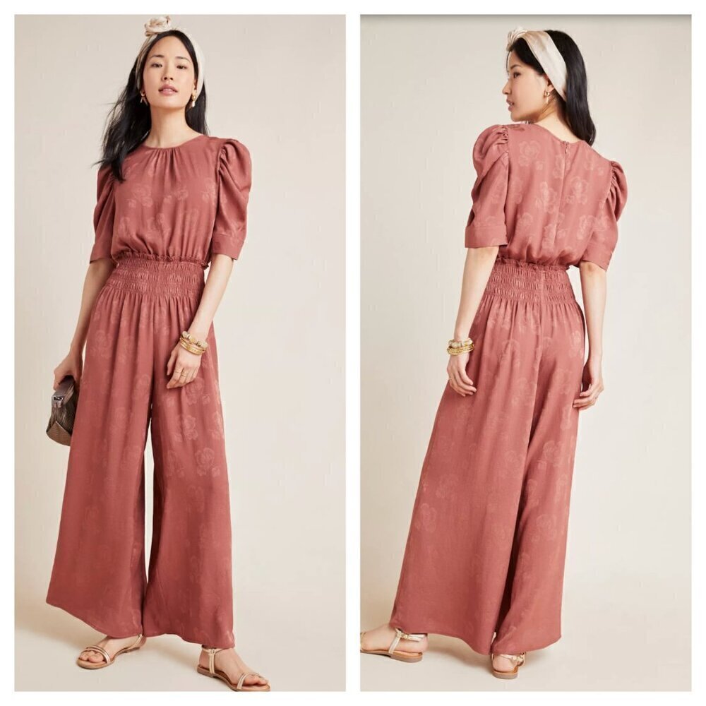 Current Air Anthro Castille Floral Jacquard Wide Leg Jumpsuit Pink Women's XS
